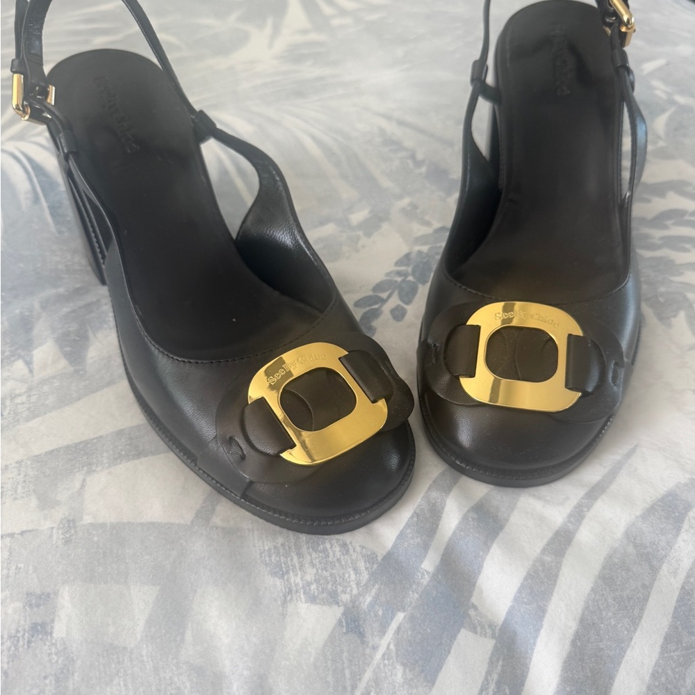 See By Chloe Black and Gold Slingback Heels with Gold Buckle